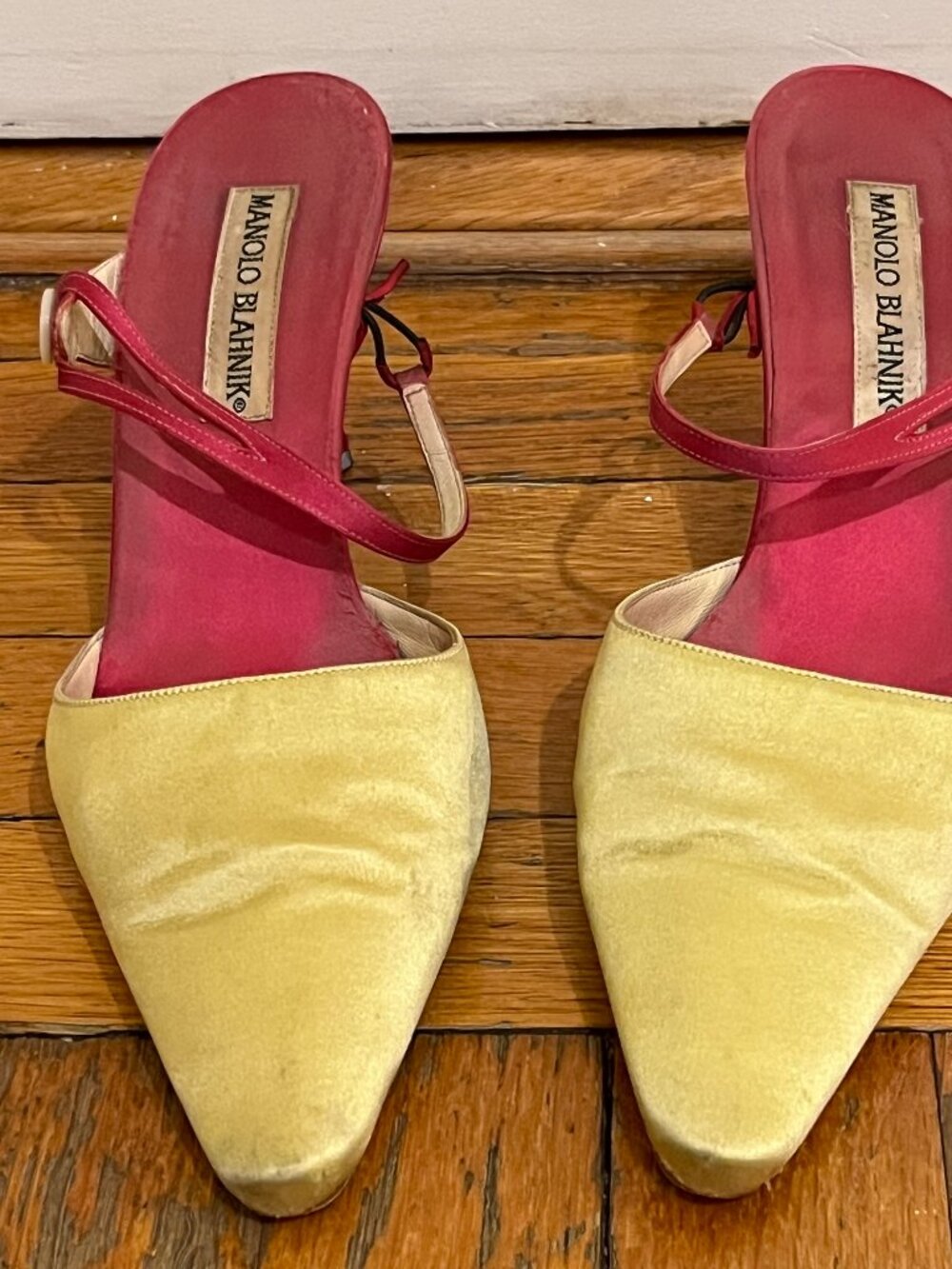 Vintage Manolo Blahnik Yellow and Hot Pink Satin Kitten Heels, EU Size 40